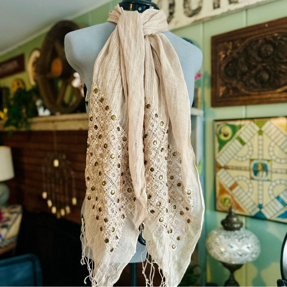 Boho Linen Scarf w/ Floral Lace & Stud Detail Beige Long Lightweight Wrap